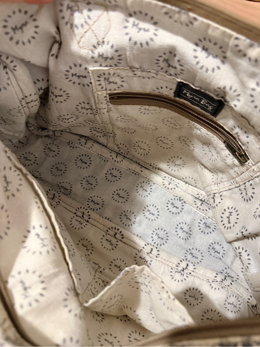 Myra Bag Blue Floral Canvas Tote with Tan Trim - Picture 2 of 4